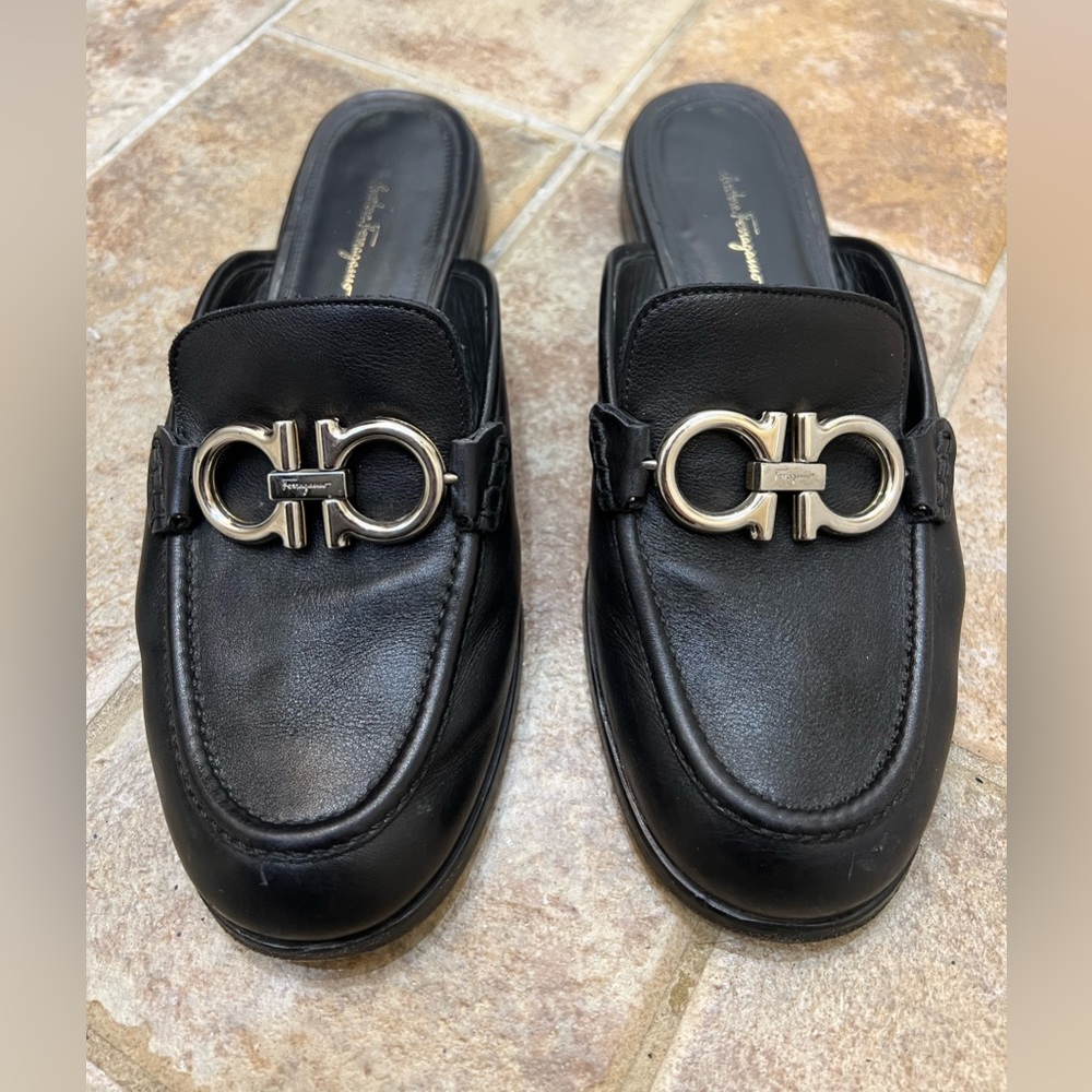 Ferragamo Black Slide Loafers with adjustable Gold/ Silver logo - Picture 2 of 7